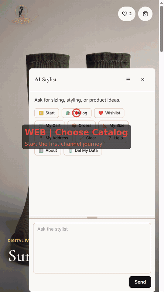 Real AIFA demonstration of one cart across web chat, WhatsApp and Telegram