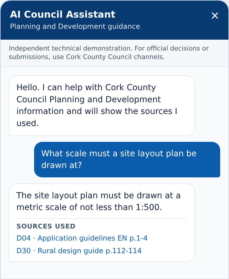 Real document assistant answer with cited Cork planning sources